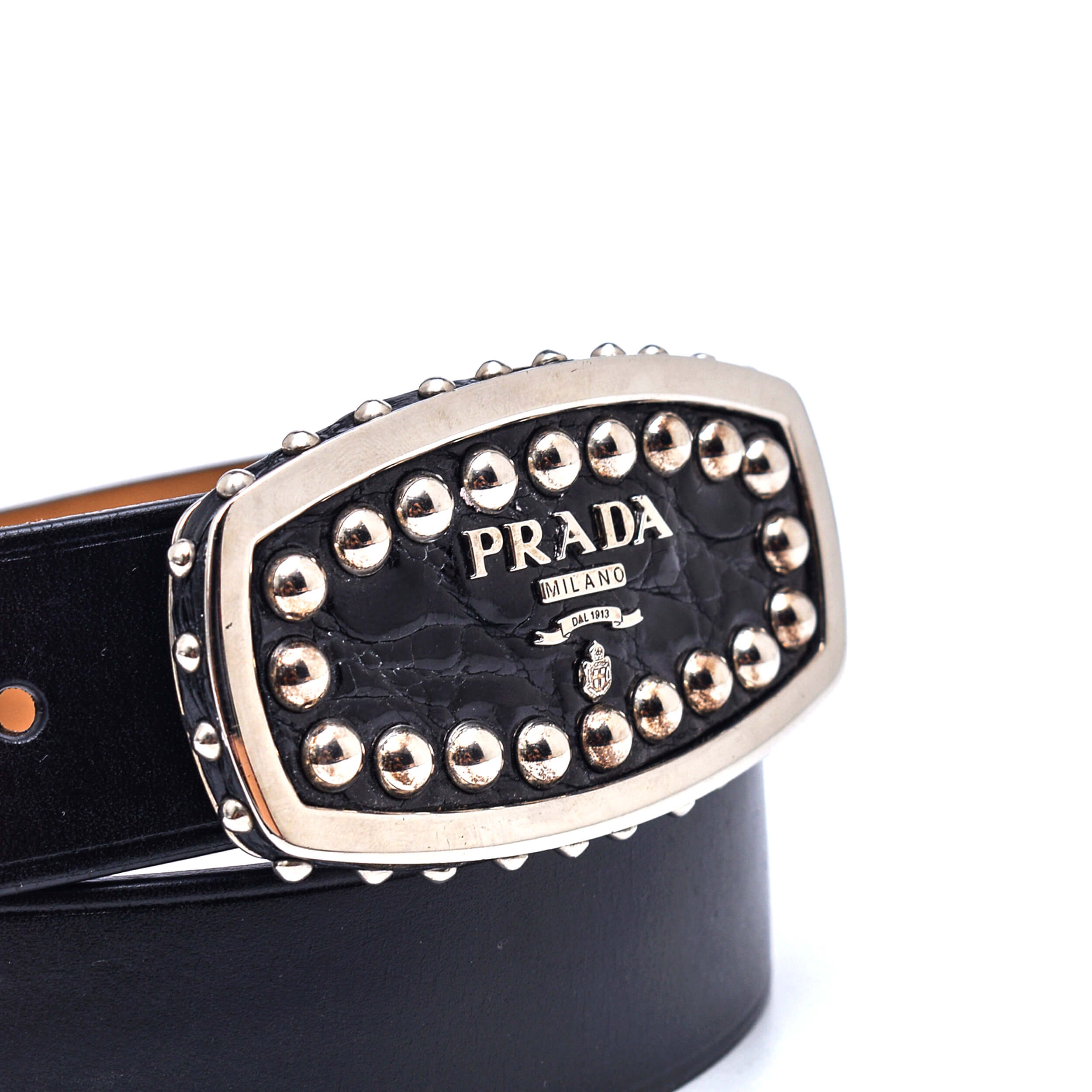 Prada - Black Leather Stud Logo Buckle Belt / 85cm